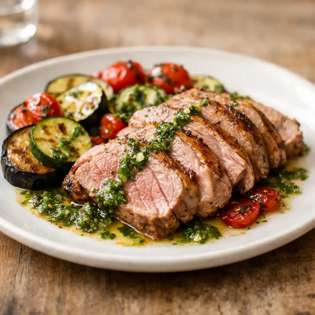 Agneau de lait rôti accompagné de légumes racines et jus au romarin
