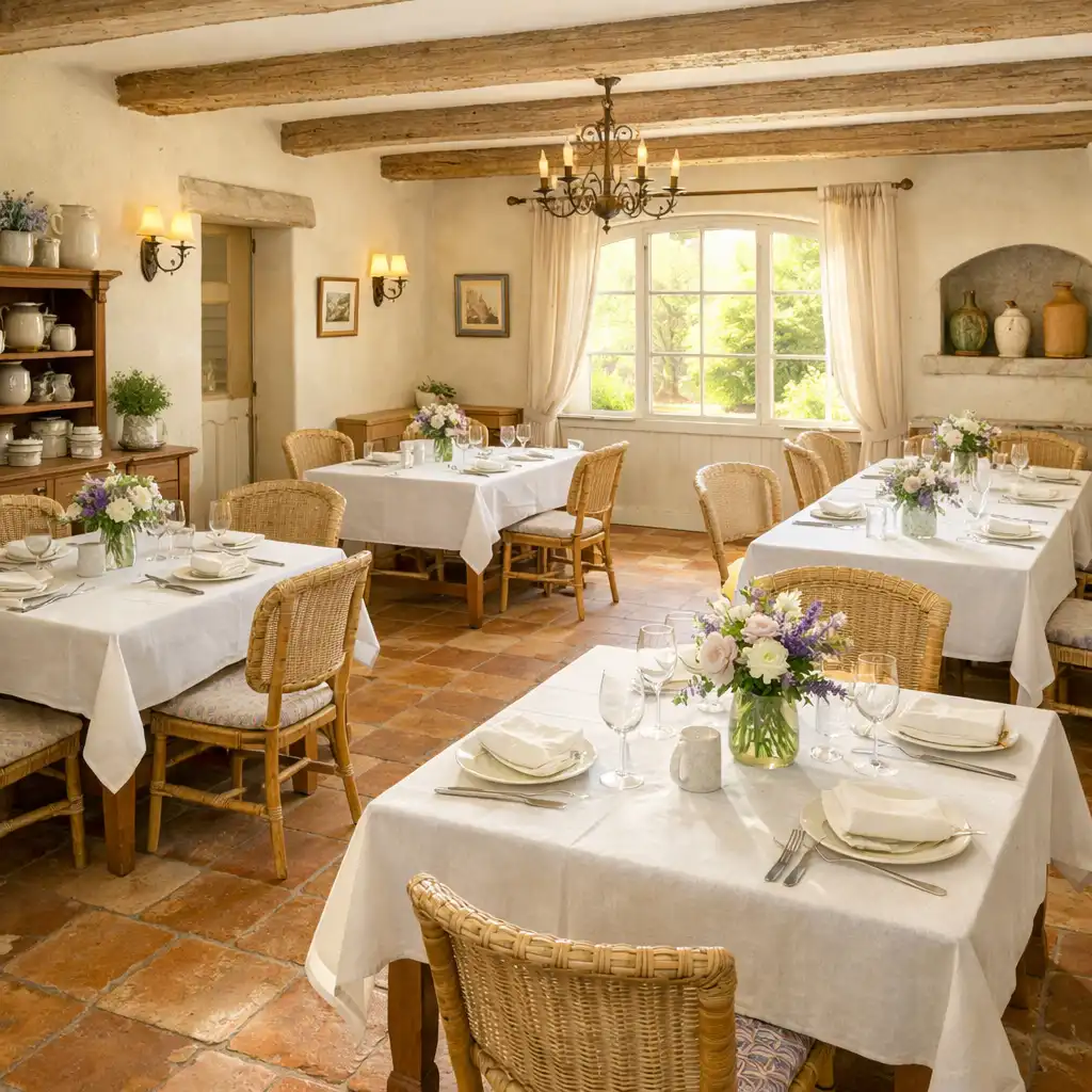 Salle à manger chaleureuse de style provençal avec tables en bois, nappes en lin et fleurs fraîches