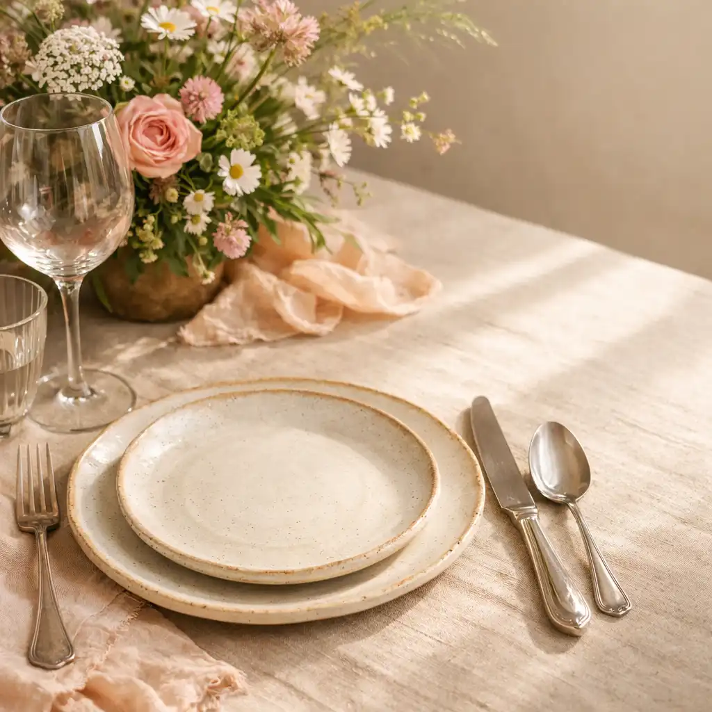 Table de fête dressée avec des assiettes en céramique artisanale, des verres à vin et un centre de table composé de fleurs des champs