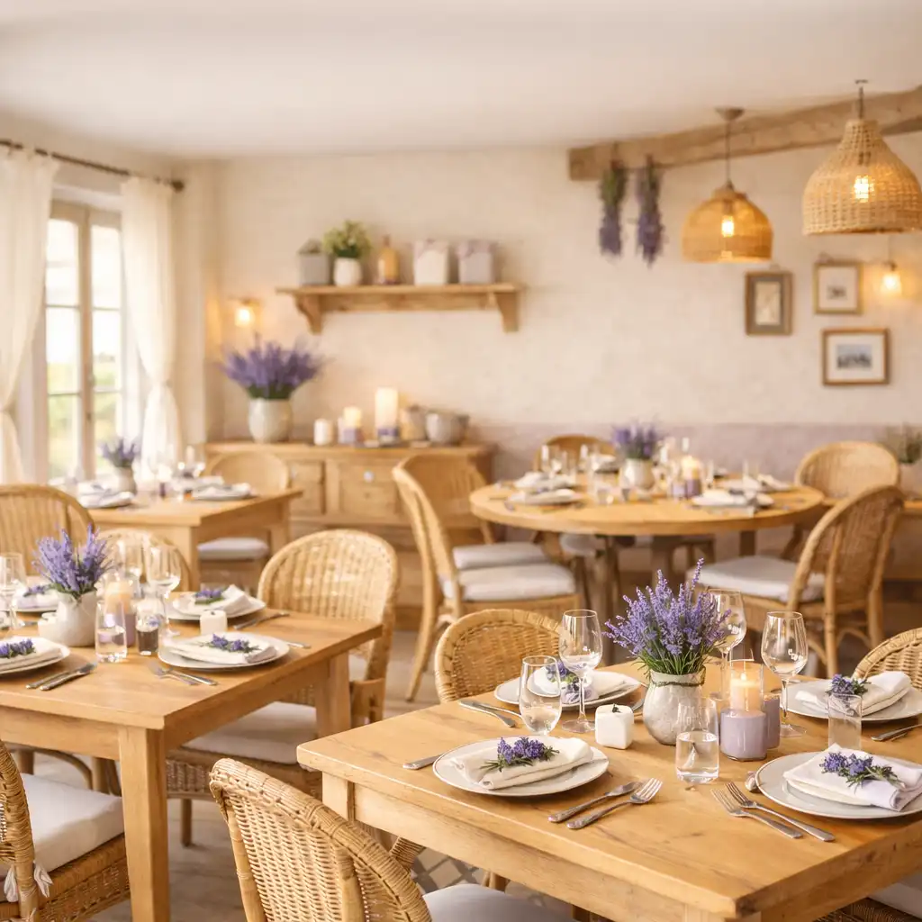 Salle de restaurant champêtre baignée de lumière naturelle avec des tables en bois clair joliment dressées