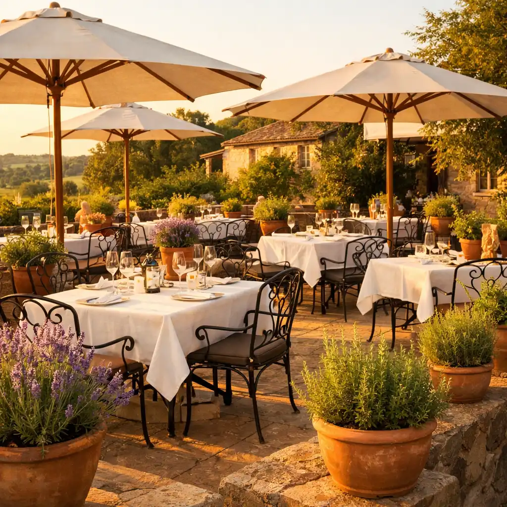 Terrasse ensoleillée de Maison Eglantine avec tables dressées, parasols et pots de lavande