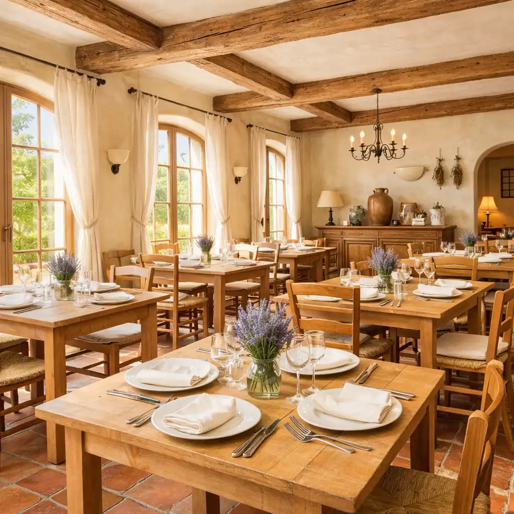 Intérieur chaleureux du restaurant avec murs en pierre, poutres en bois et table dressée