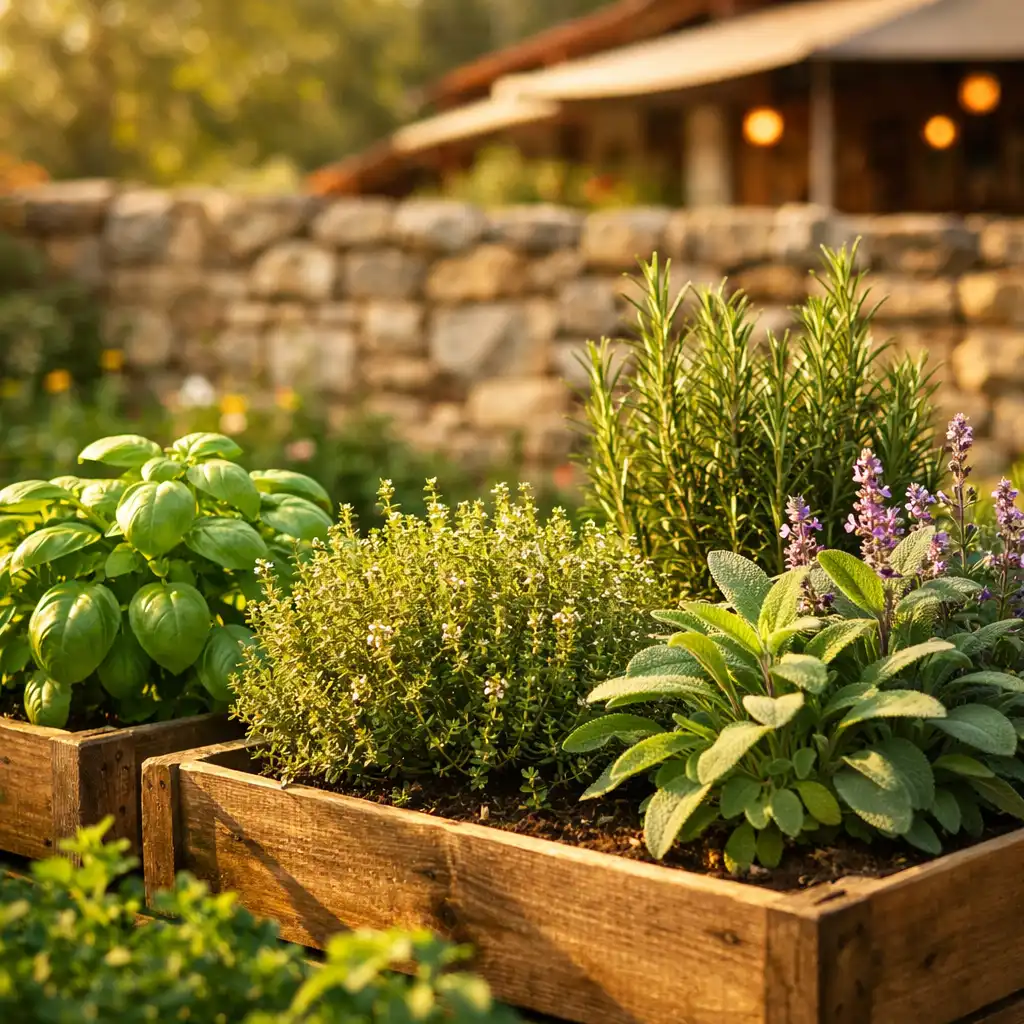 Jardin d'herbes aromatiques ensoleillé derrière le restaurant