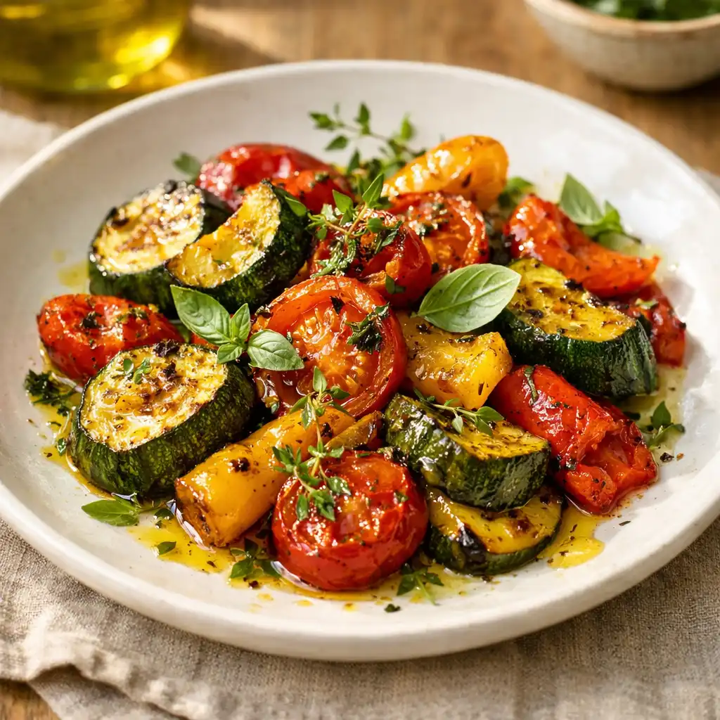 Plat de saison provençal avec légumes rôtis, herbes fraîches et filet d'huile d'olive