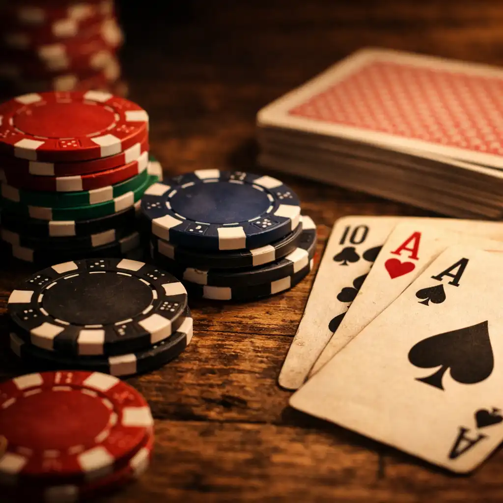Détail de jetons de poker et cartes sur une table en bois, sans argent
