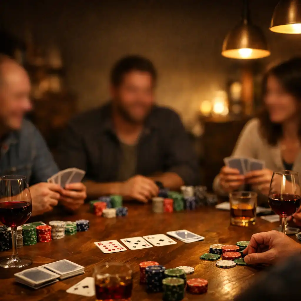 Soirée poker conviviale chez Maison Eglantine avec cartes, jetons colorés et ambiance tamisée