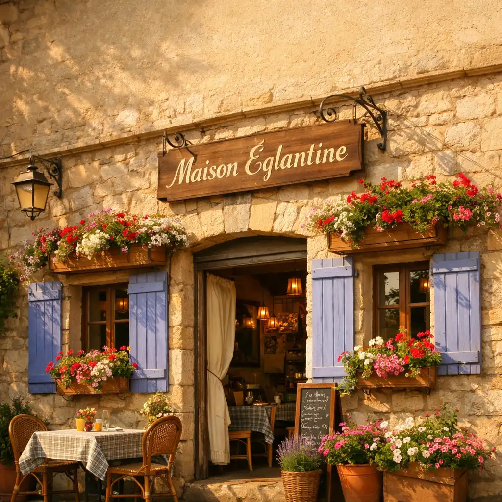 Devanture chaleureuse du restaurant Maison Eglantine avec volets bleu lavande et jardinières fleuries