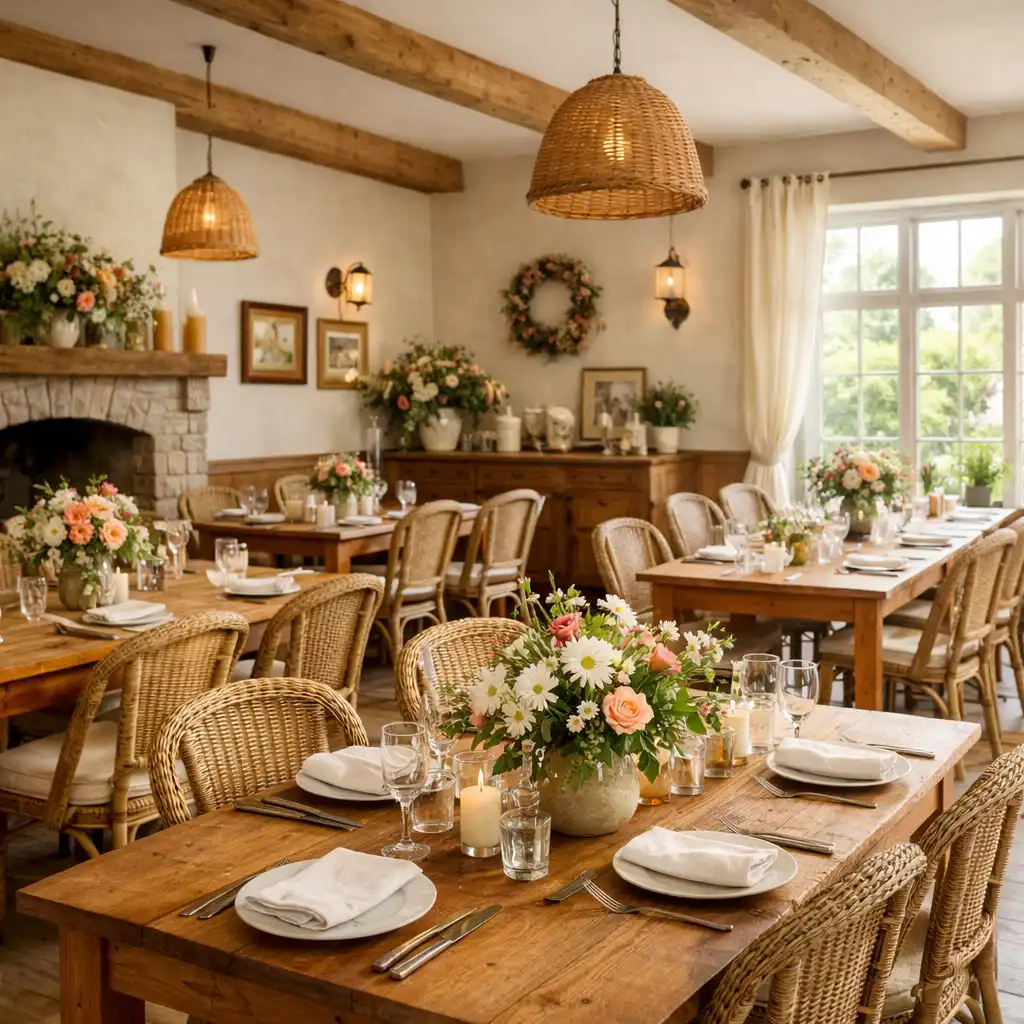 Salle à manger lumineuse avec tables en bois et décoration florale