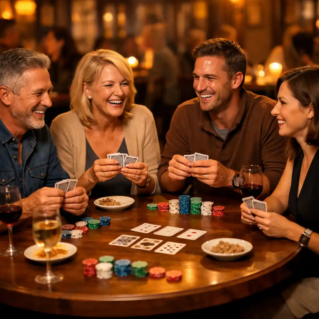 Soirée poker conviviale dans un restaurant avec quatre personnes souriantes autour d'une table ronde en bois