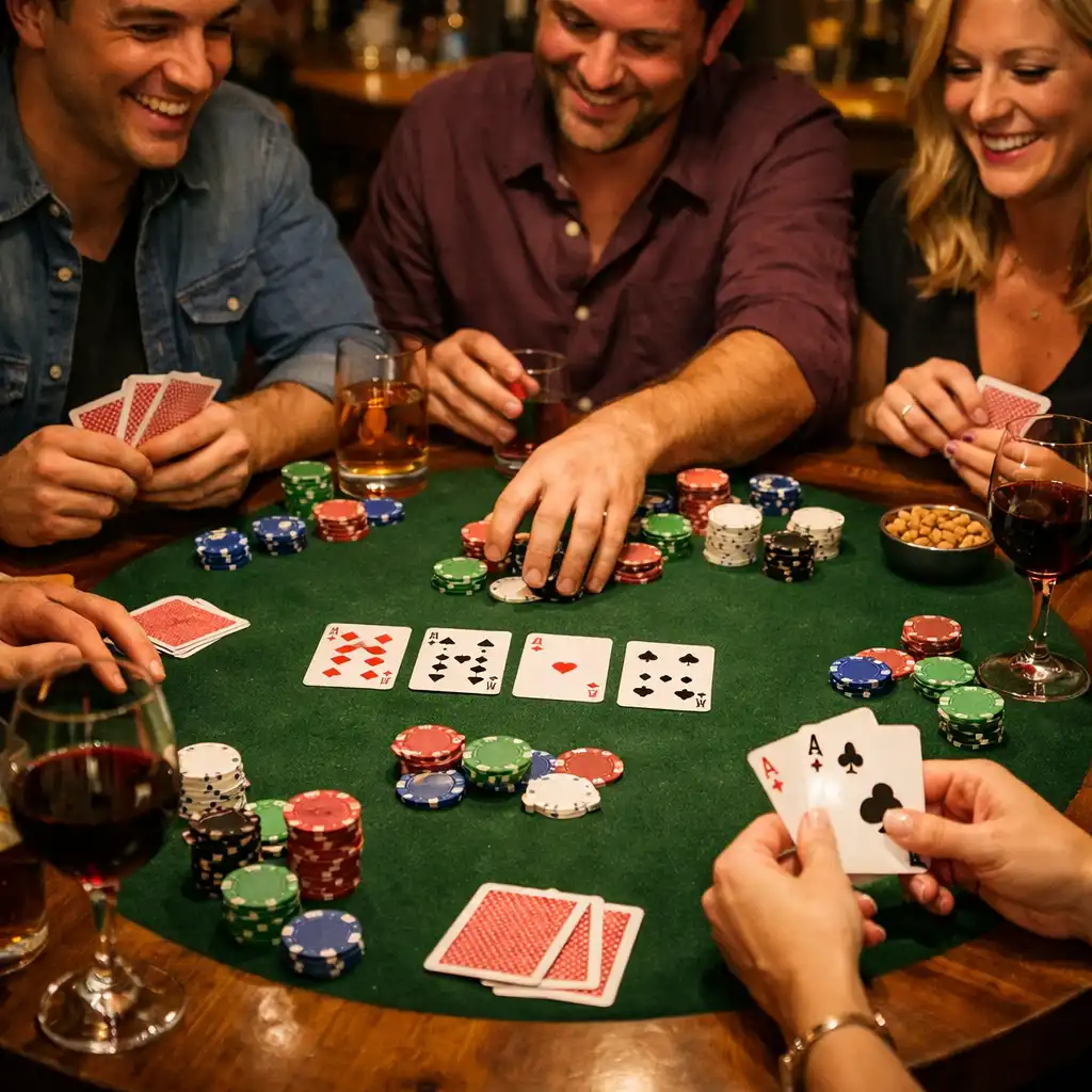 Table de poker conviviale avec cartes et jetons, sans argent