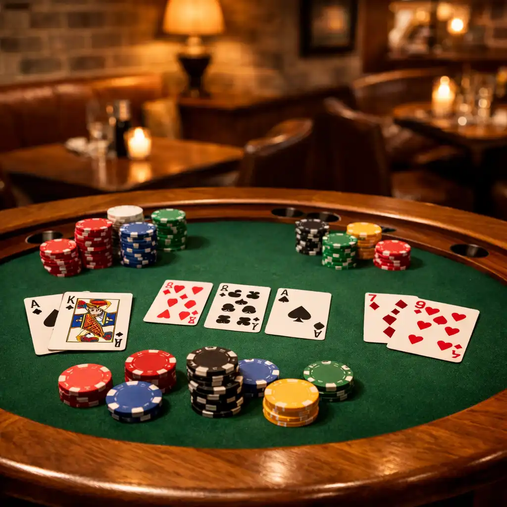 Table de poker conviviale avec cartes et jetons colorés, sans argent