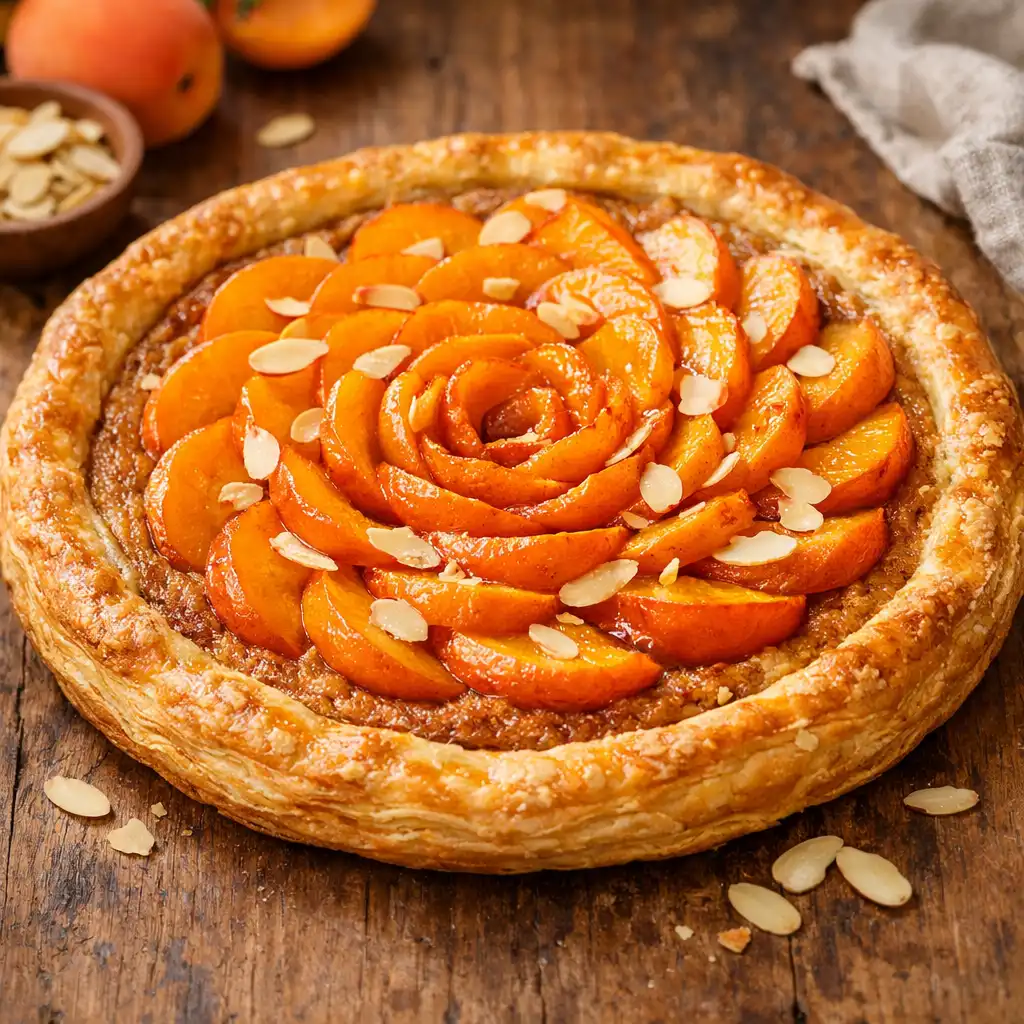 Tarte fine aux abricots et amandes, servie tiède