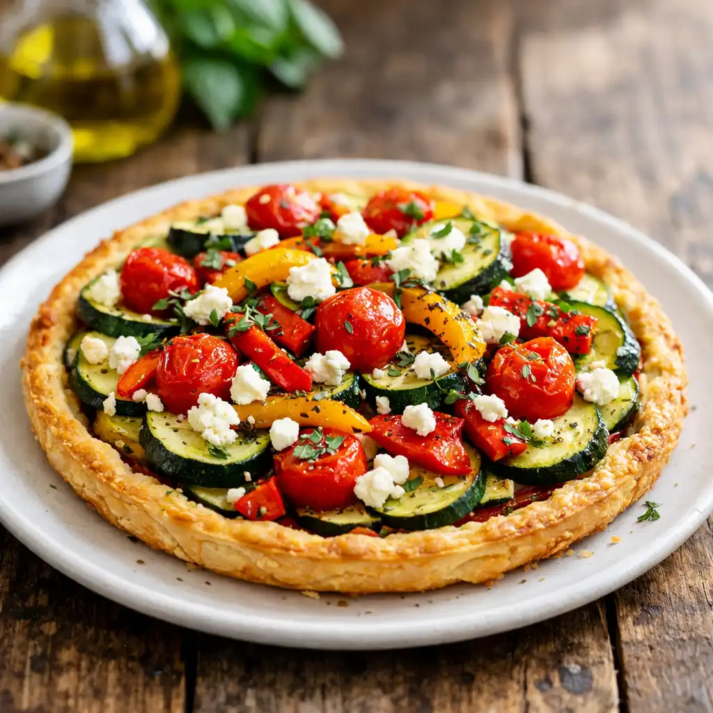 Tarte fine aux légumes du soleil avec courgettes, tomates et fromage de chèvre