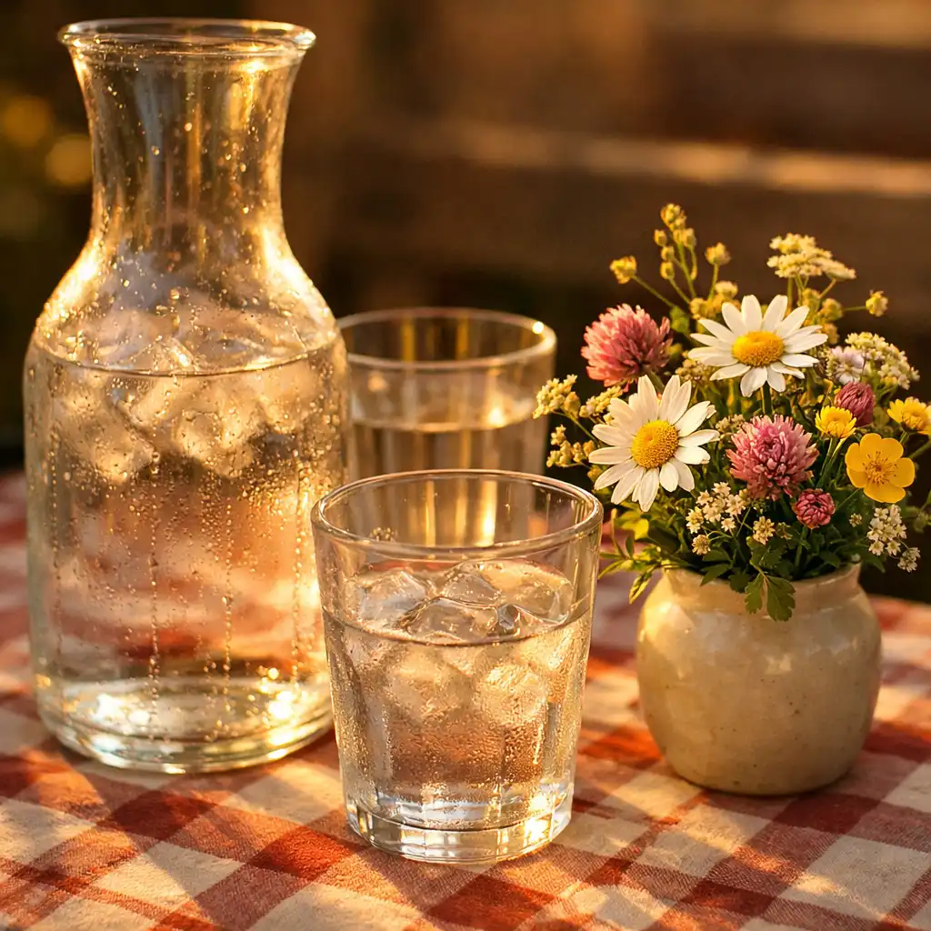 Table de terrasse avec carafe d'eau, verres et bouquet de fleurs des champs