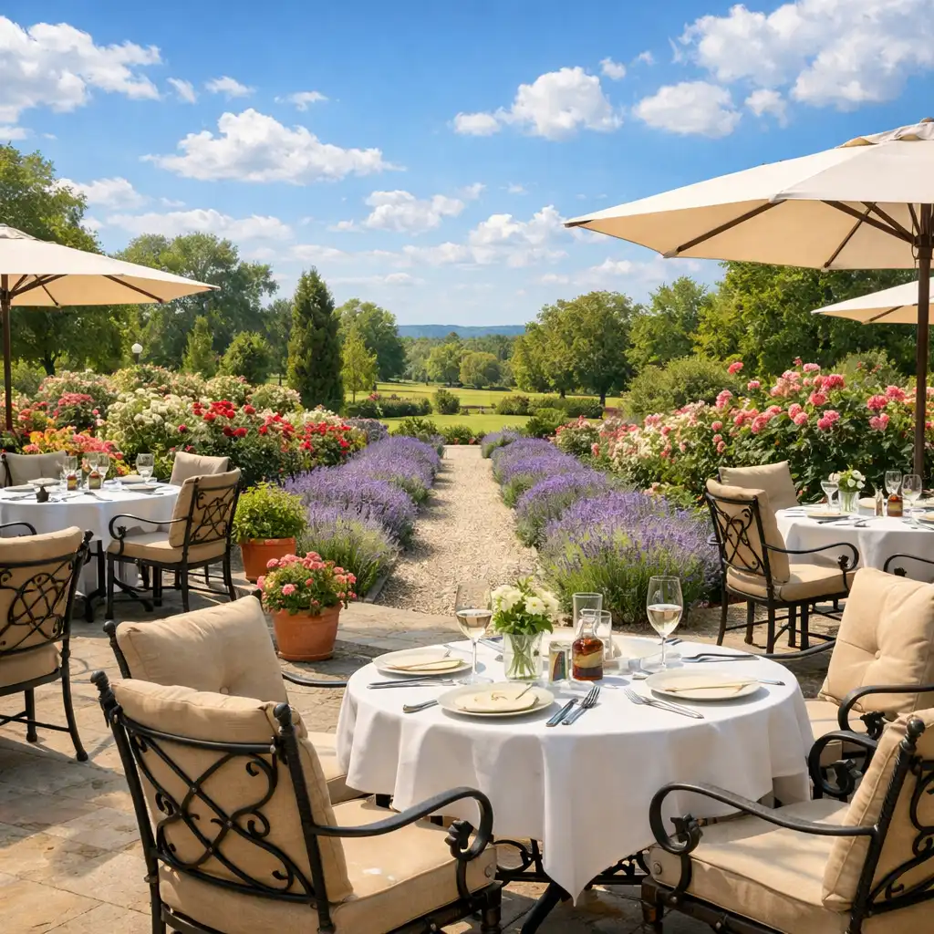 Terrasse au jardin fleuri avec tables en fer forgé et allée bordée de lavande